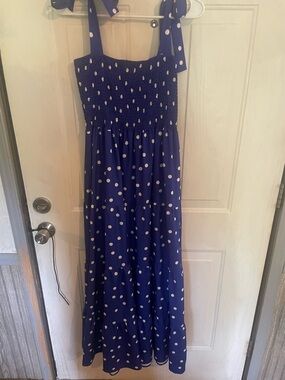 C0025 Women’s Navy Polka Dot Maxi Dress with Tie Straps